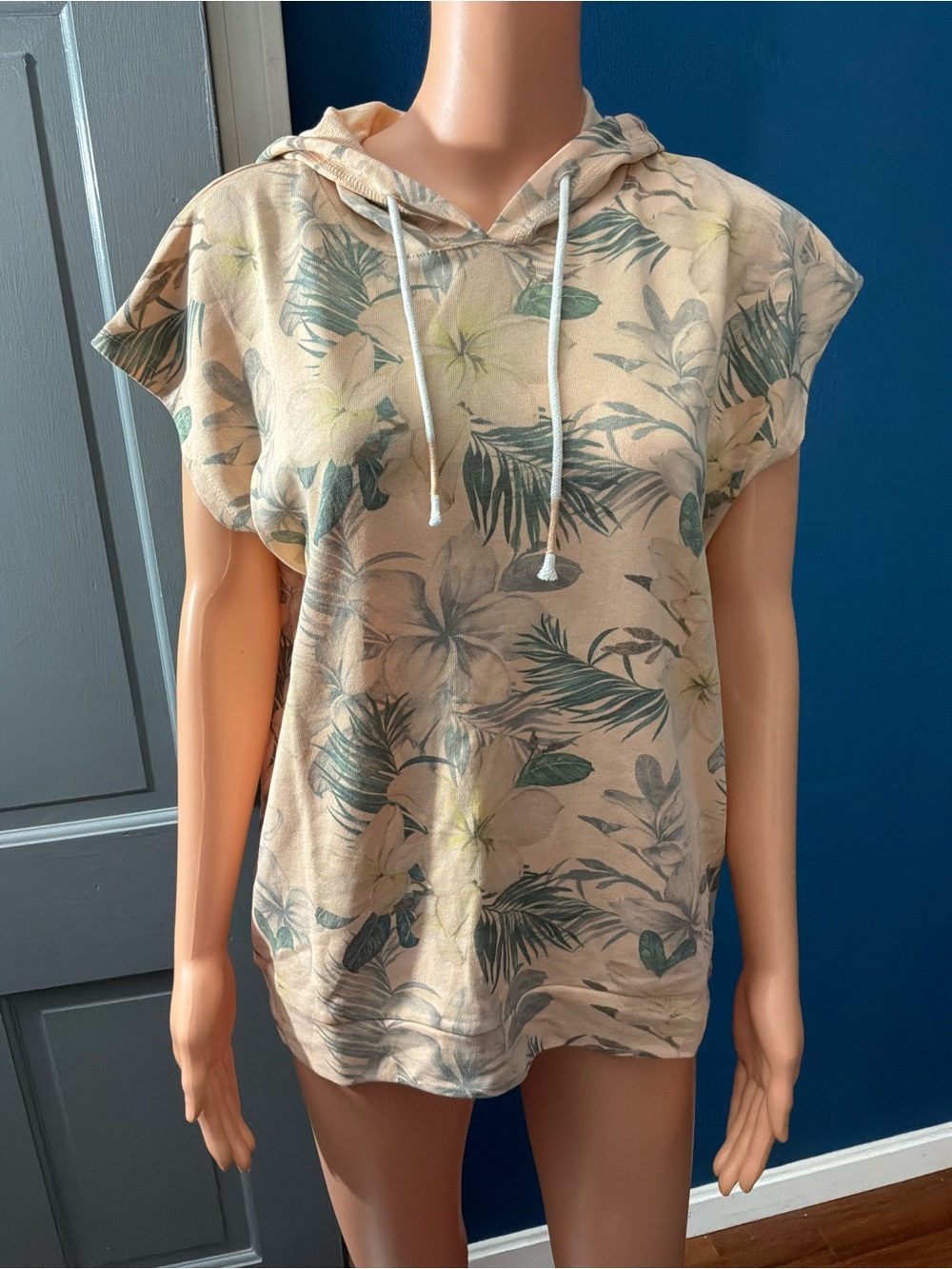 PJ Salvage Cream Floral Drawstring Hoodie with Green Leaf Print